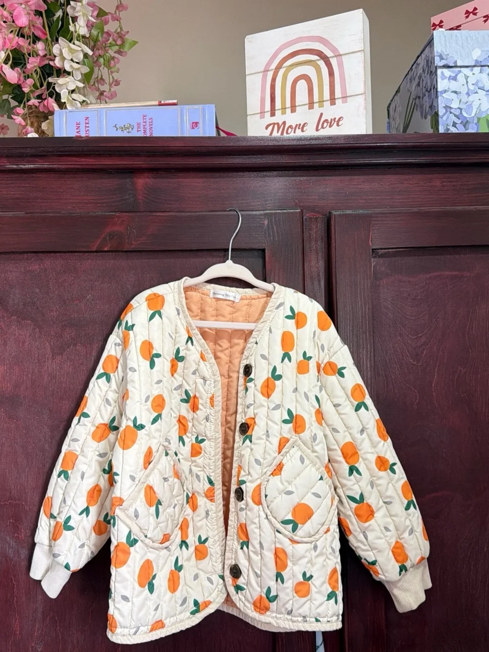 Kids Quilted Orange Print Jacket - Cream with Orange